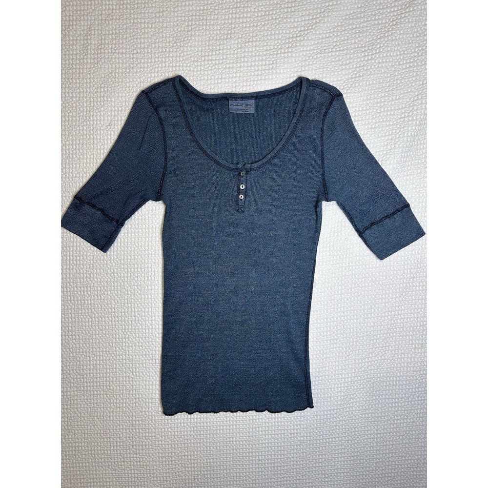 Michael Stars Blue Shimmer Ribbed Henley Top 3/4 Sleeve One Size Made in USA